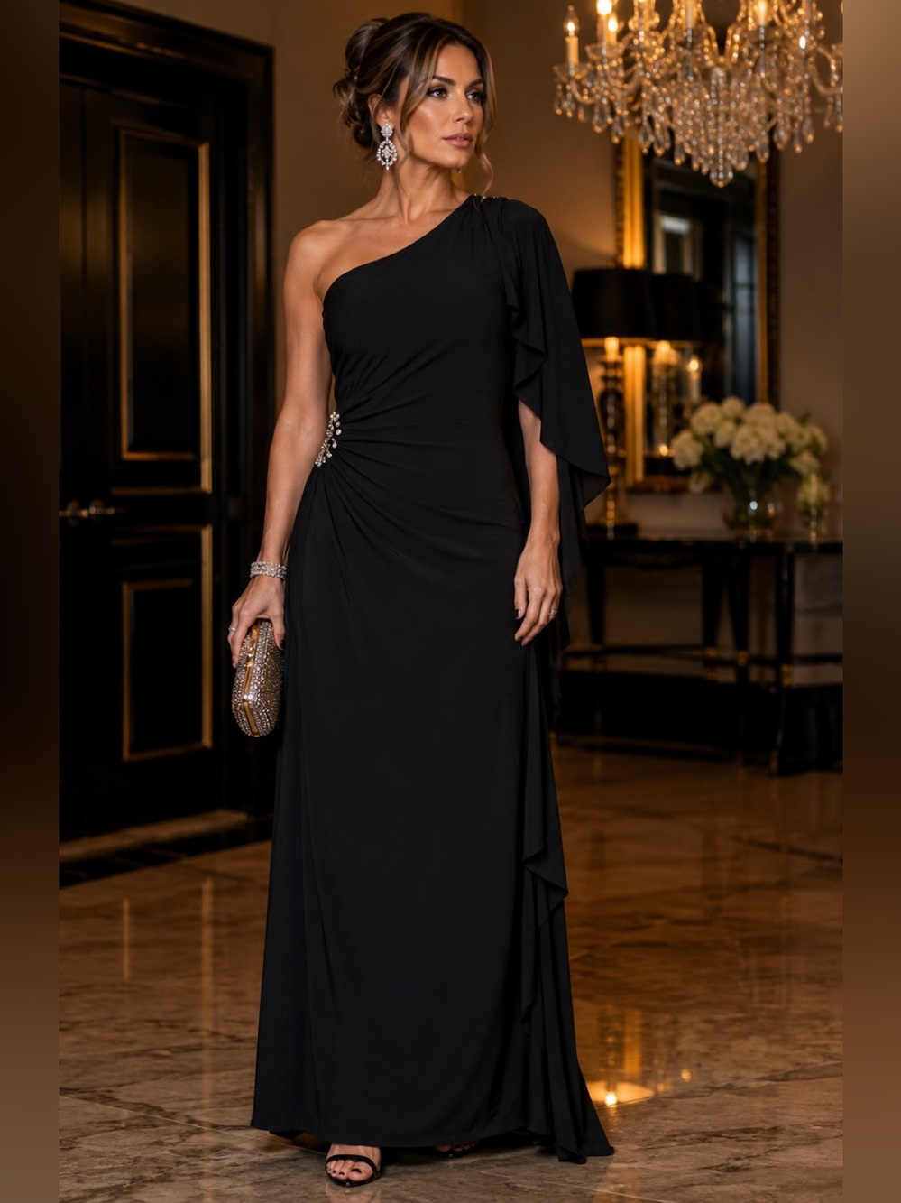 Cache black one shoulder draped sleeve beaded rhinestone ruched maxi gown dress
